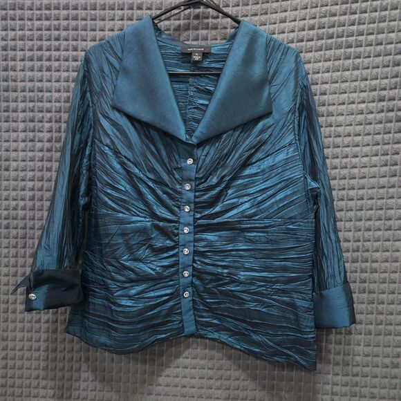 VTG Blue Satin Ruched Blouse XL 80s 90s USA Statement Glam Rhinestone Maximalist - Picture 1 of 15